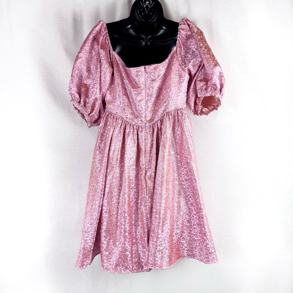 SAU LEE Arabella Mini Dress in Candy Pink Jacquard Floral Bow Puff Sleeve US 8 - Picture 6 of 9